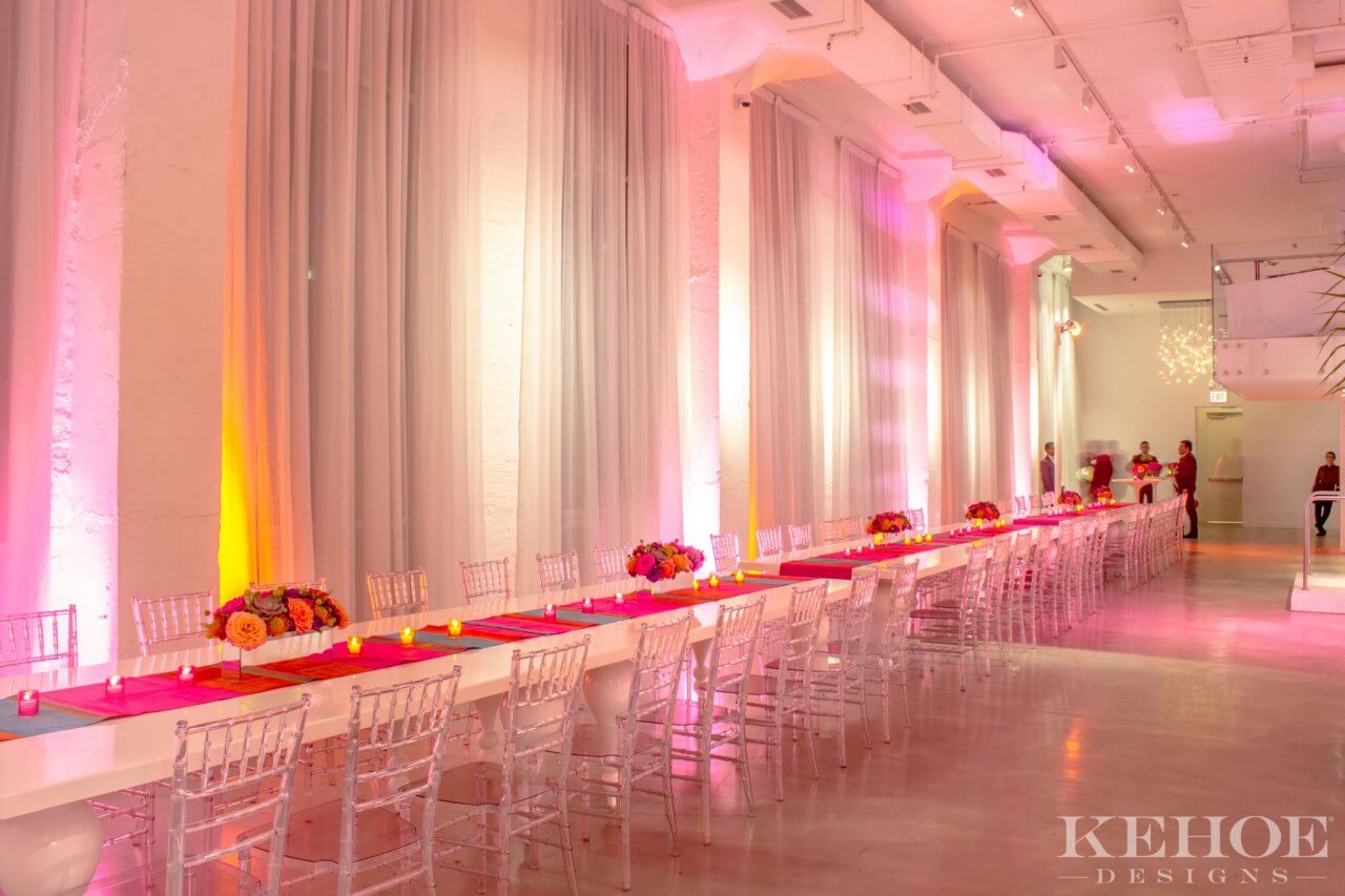 pink and ornage long white table